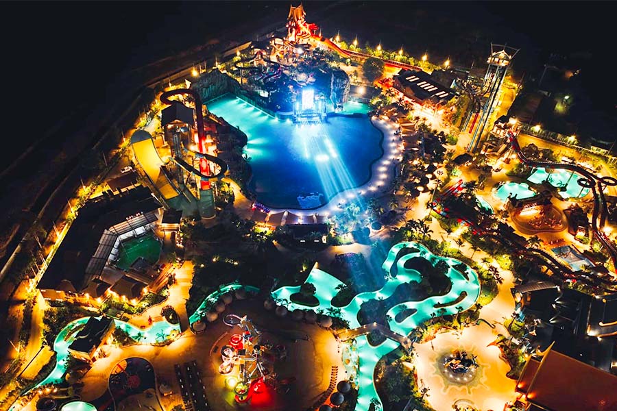 List of Songkran Music Festivals in Thailand - Andamanda Phuket Songkran Festival - Night time view of the water theme park